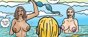 Chesty gals shed bikini tops in the water