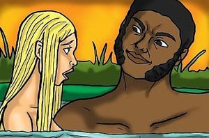 Blonde is cuddled by her black lover in the woods