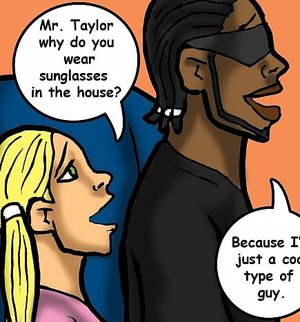 Young blonde girl tails a cool black man