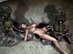 Busty ponytailed brunette fucked by robots