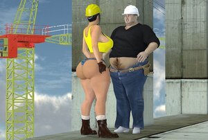 Lady construction worker naked on the job site